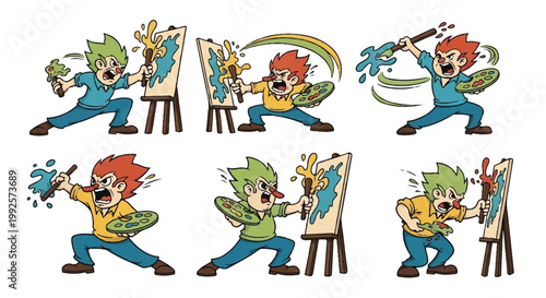 Cartoon artist painting with energetic brushstrokes in various poses