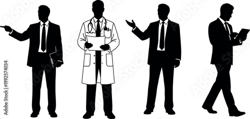 Set of male professional silhouettes featuring corporate businessmen wearing suits alongside a medical doctor standing isolated on white background vector.