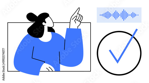 Voice recognition concept. Person gestures toward sound wave and a checkmark audio authentication. Voice recognition used for security, AI interaction, and smart devices. For tech solutions