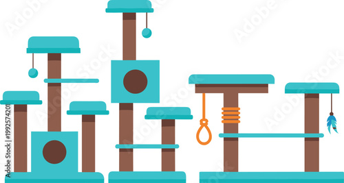 Modern Turquoise Cat Tree Set Featuring Multi Level Scratching Posts, Climbing Towers, and Hanging Toys for Feline Playtime and Home Comfort