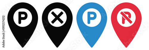 Parking and no parking icon sign inside location map pin icon, white background, no parking vector icon set, parking prohibition road symbols