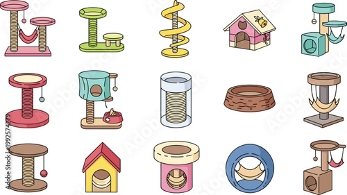 Modern Cat Furniture Set Featuring Scratching Posts, Pet Houses, and Climbing Towers for Feline Playtime, Comfort, and Interior Pet Decor