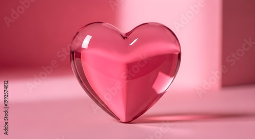 Transparent pink heart on a monochromatic pink background in soft lighting