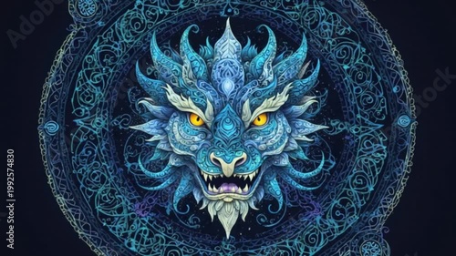 mystical dragon mandala composed of vibrant fantasy neon hues, motion