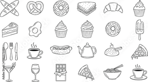 Hand Drawn Food and Drink Icon Collection with Bakery Items, Coffee, Desserts, Fast Food, Cocktails, and Cutlery in Doodle Sketch Outline Style