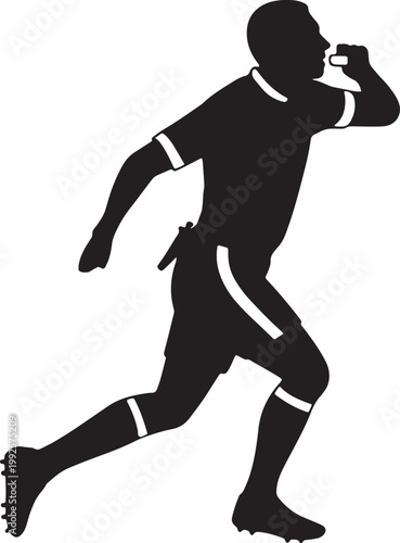 Dynamic dark gray silhouette illustration of a male athlete running or throwing a ball in a com