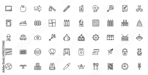 Kindergarten icon set. Vector illustration of kids, toys and school items. Includes blackboard, apple, puzzle, slide, pencil, toys, boy, girl, backpack, book, crayons, ball and more.