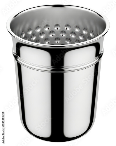 Polished stainless steel perforated cup isolated with transparent background
