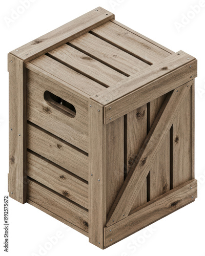 Vintage wooden shipping crate with handle isolated with transparent background