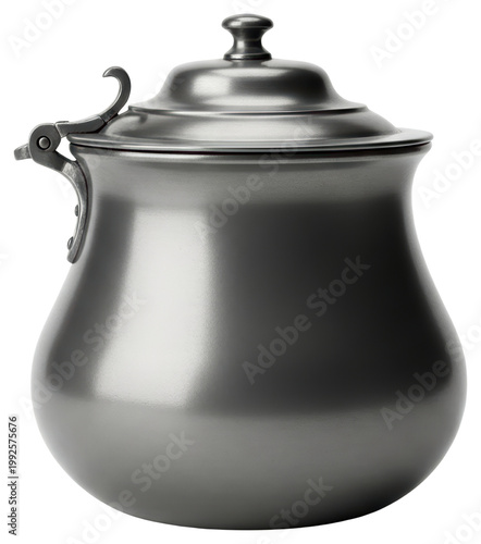 Vintage pewter metal pot with a hinged lid isolated with transparent background