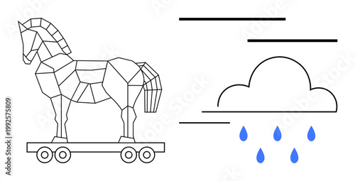 Cybersecurity, data threats, malware, digital risks, weather, safety challenges. A geometric Trojan horse on wheels and a rain cloud with droplets. Cybersecurity and data threats visualization