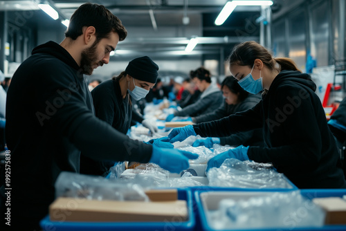 Volunteers packing hygiene kits and medical supplies for homeless outreach program. Community charity donation center