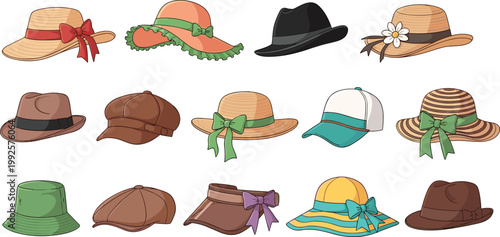 Hat Vector Collection Featuring Straw Hats, Fedoras, Bucket Hats, Baseball Caps, and Decorative Ribbon Designs