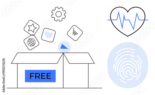 Free services, digital access, data security, health monitoring, technology concepts, app development. Open box with app icons, fingerprint and heartbeat symbols. Free services and digital access