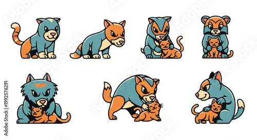 Stylized cartoon animals set colorful illustrations for design projects