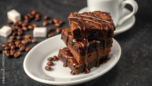 Decadent chocolate cake slice with crumbly topping and coffee cup
