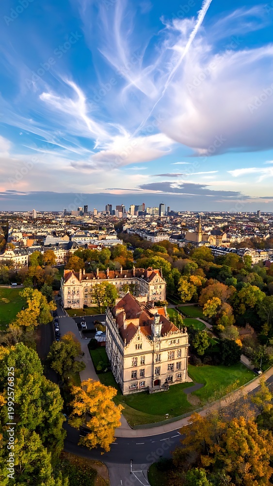 Obraz premium Aerial view of a large building surrounded by trees and a cityscape