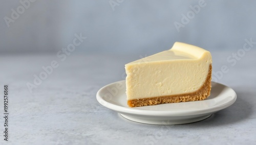 Delicious slice of cheesecake on a white plate with a crumbly base.