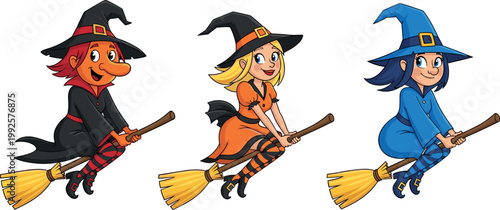 Cute cartoon witches flying on broomsticks Halloween characters isolated colorful illustration set