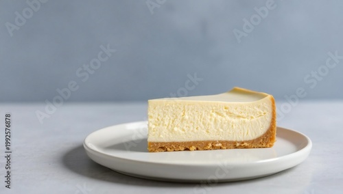 A slice of creamy cheesecake on a white plate with a crumbly base.