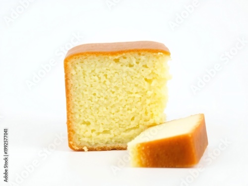 A slice of freshly baked yellow cake with a moist and tender crumb texture