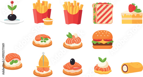 Assorted fast food desserts and snacks collection isolated colorful menu items illustration