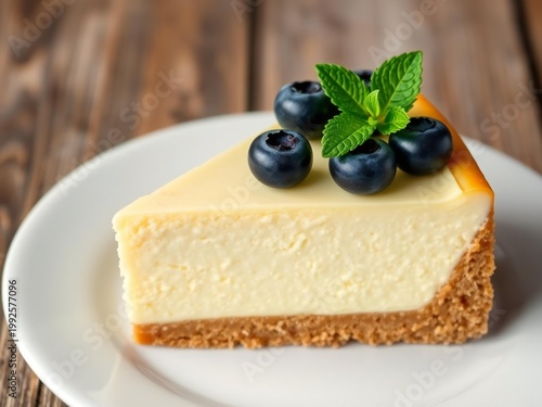 Sliced cheesecake topped with blueberries and mint garnish on a white plate