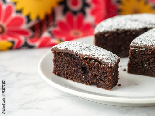 Delicious chocolate brownie topped with powdered sugar on a white plate