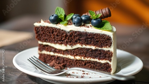 Delicious slice of layered chocolate cake with berries and cream garnish