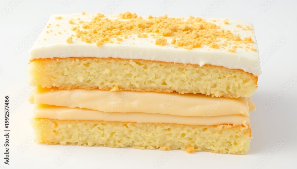 Fototapeta premium Delicious slice of layered vanilla cake with crumb topping and cream filling