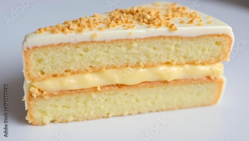 A slice of creamy layered cake topped with crumbly streusel