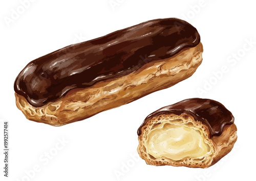 Watercolor-style chocolate eclair illustration, French pastry dessert with creamy filling ／ 水彩エクレア