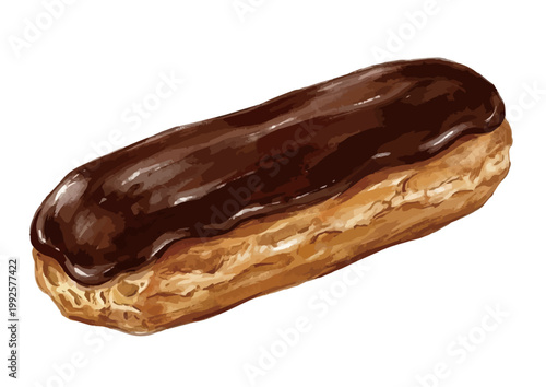 Watercolor-style chocolate eclair illustration, French pastry dessert with creamy filling ／ 水彩エクレア