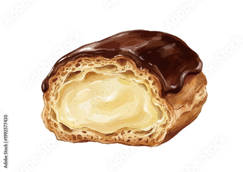 Watercolor-style chocolate eclair illustration, French pastry dessert with creamy filling ／ 水彩エクレア