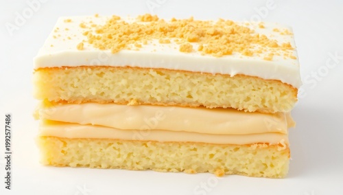 Delicious slice of layered vanilla cake with crumb topping and cream filling