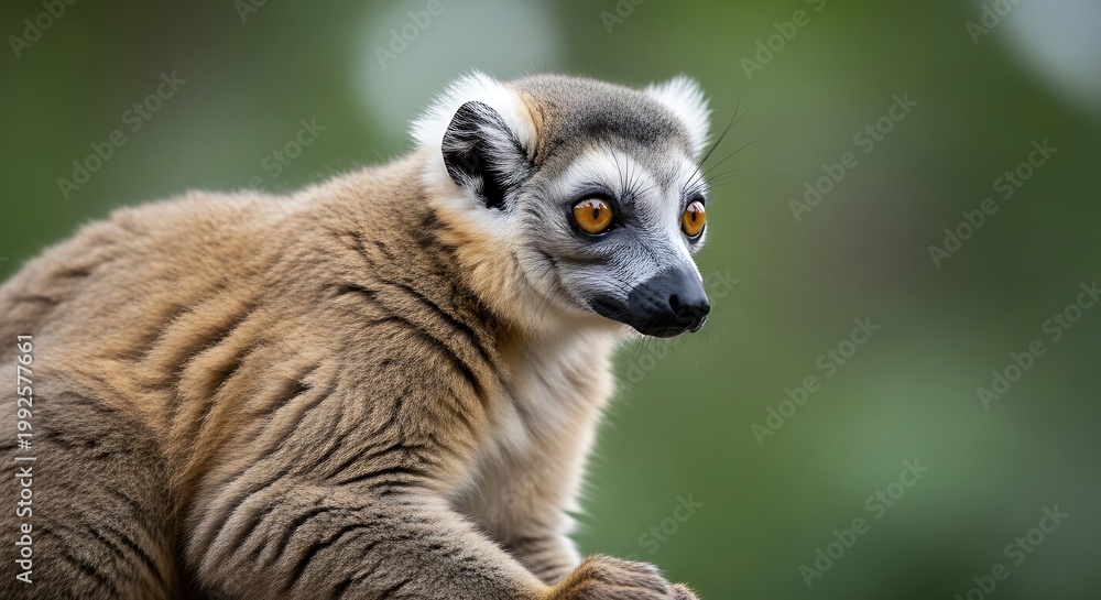 Fototapeta premium Close up of a ring tailed lemur against a blurred green background