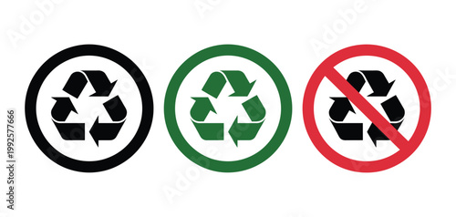 Recycle and recycling not allowed sign vector illustration set, recycle icon and no recycle prohibition symbol