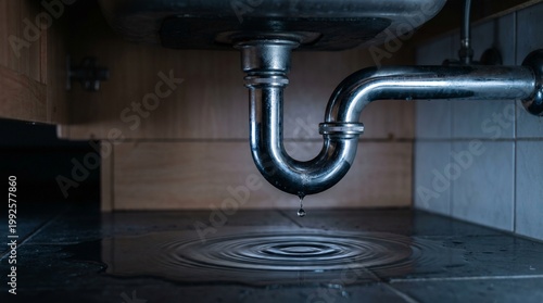 Water damage under a sink from a leaking pipe, with droplets falling into a puddle on the floor