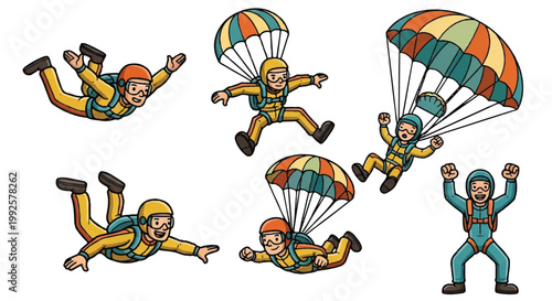 Skydiving illustration set people with parachutes in various poses