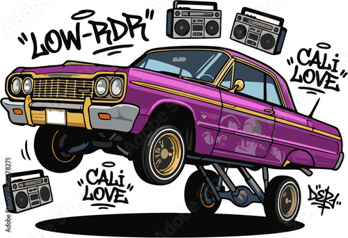 Cool cartoon classic lowrider car bouncing on hydraulics vector