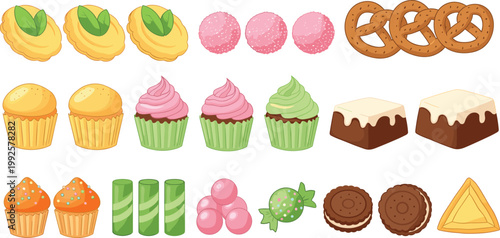 Dessert Vector Collection Featuring Cupcakes, Tarts, Pretzels, Candies, Cookies, and Pastry Food Designs