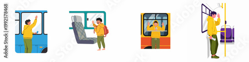 Set of Illustrations Showing a Boy and Young Man Traveling by Public Transport like Bus and Train, Waving from Windows.