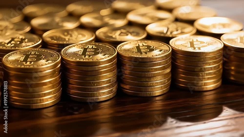 Cinematic Close Up of Stacked Gold Coins with Smooth Right to Left Camera Motion in Warm Light