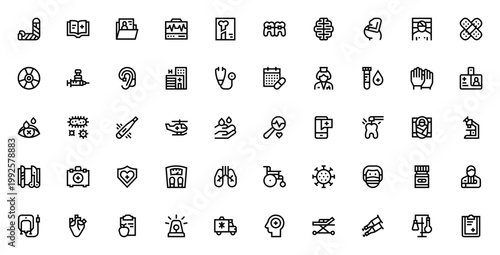 Healthcare icon set. Medical vector icons pack. Includes bandage, stethoscope, vaccine, heart, doctor, ambulance, hospital and more. Editable stroke line.