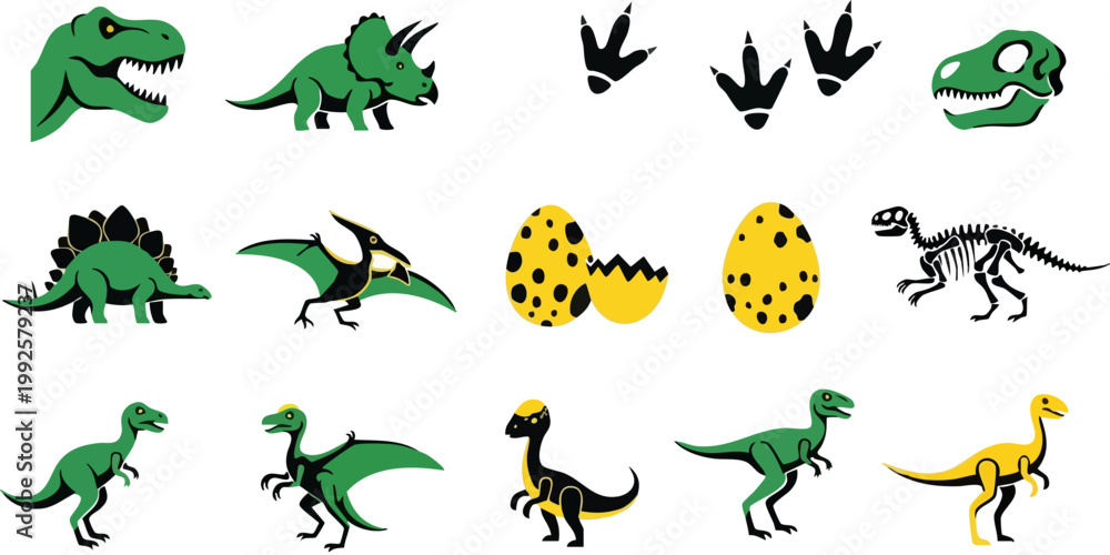 Fototapeta premium Dinosaur vector icons set, prehistoric animal silhouettes and skeletons, green and yellow jurassic creature collection with eggs and footprints