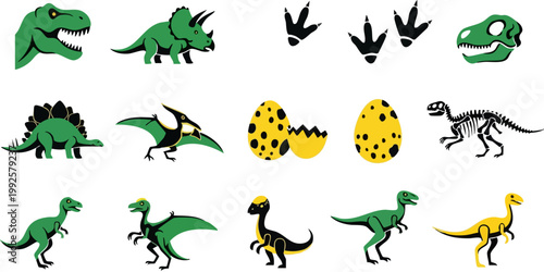 Dinosaur vector icons set, prehistoric animal silhouettes and skeletons, green and yellow jurassic creature collection with eggs and footprints