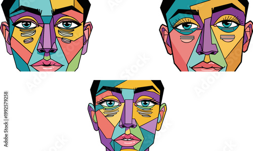 Cubist abstract portrait set, colorful geometric face illustrations, modern pop art human heads with mosaic patterns, artistic vector avatars