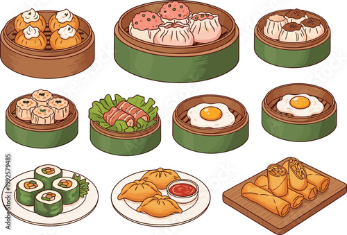 Dim Sum Vector Collection Featuring Dumplings, Buns, Rolls, Sushi, and Traditional Asian Food Designs