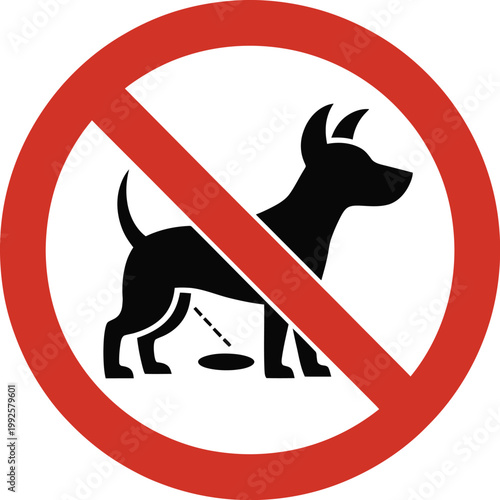 No dog urination sign illustration, prohibition symbol for pets urinating restriction in public areas parks and property warning signage.