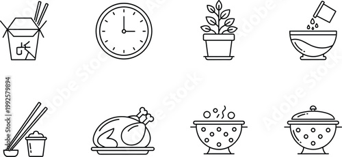 Black and White Kitchen Icon Vector Collection Featuring Cooking Utensils, Food Items, and Culinary